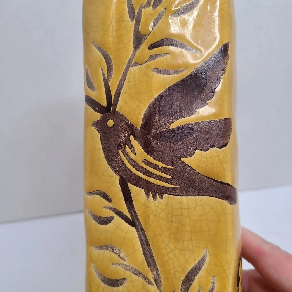 Vintage Bird Tree Hand Painted Tall Rectangular Vase Flower Vase Unique Boho